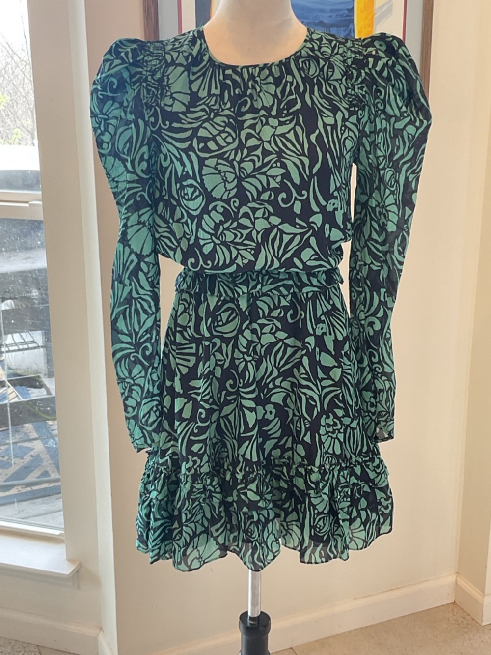 SILK Tanya Taylor Teal and Black Floral Long-Sleeve Dress - Picture 3 of 12